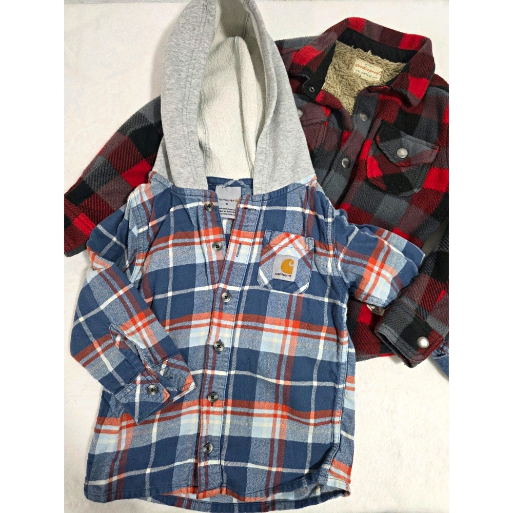 Lot of 2 Carhartt  Plaid Flannel Shirt Jacket Hooded / Weatherproof Size 4 kids